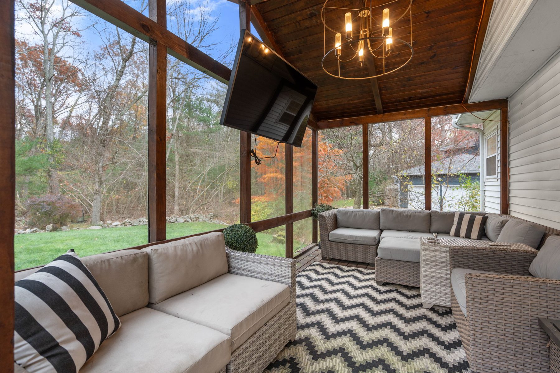 Condor porch — screened, furnished, and wired for the game — after