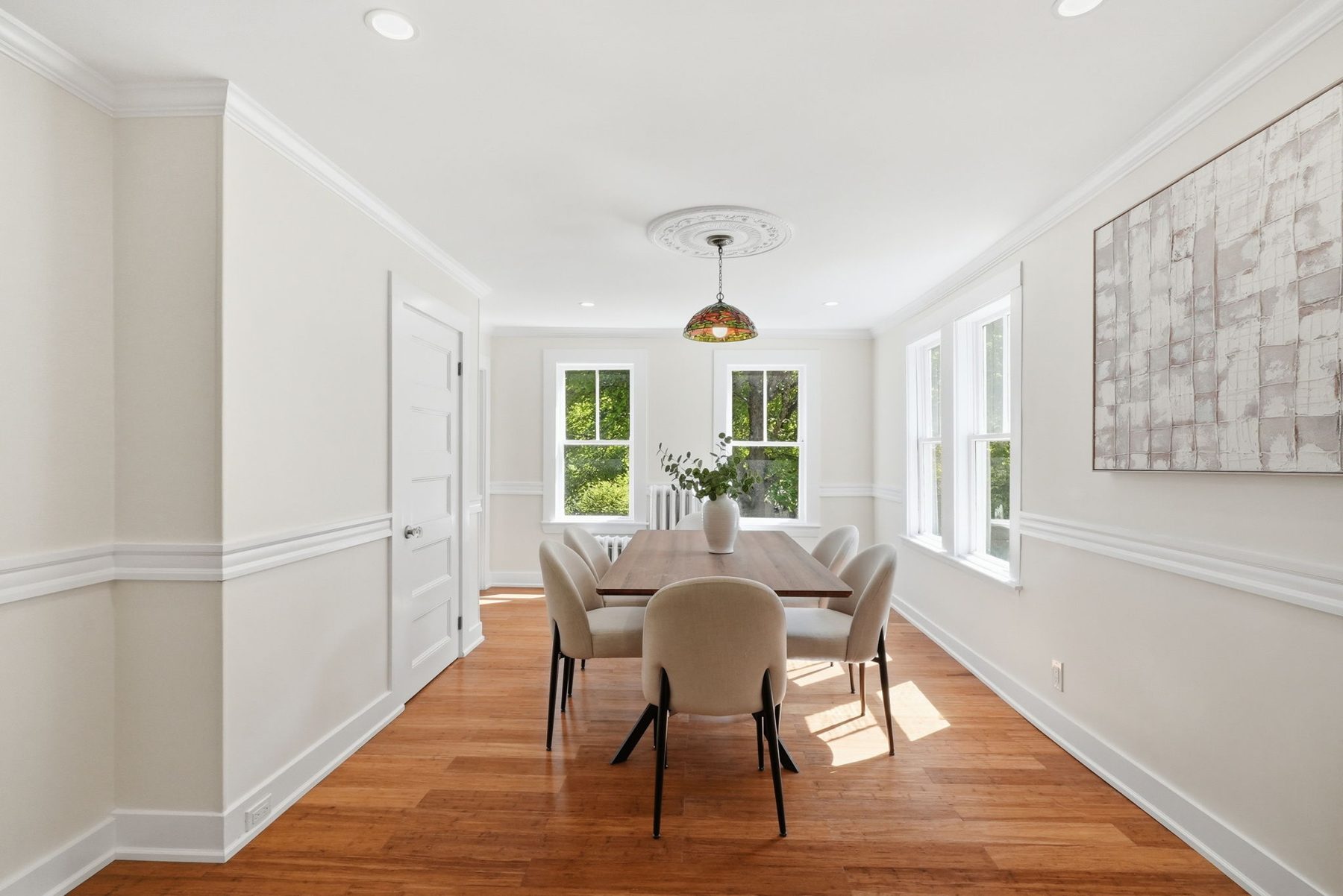 Pemberton dining — chair rail, brass pendant, a table for six — after
