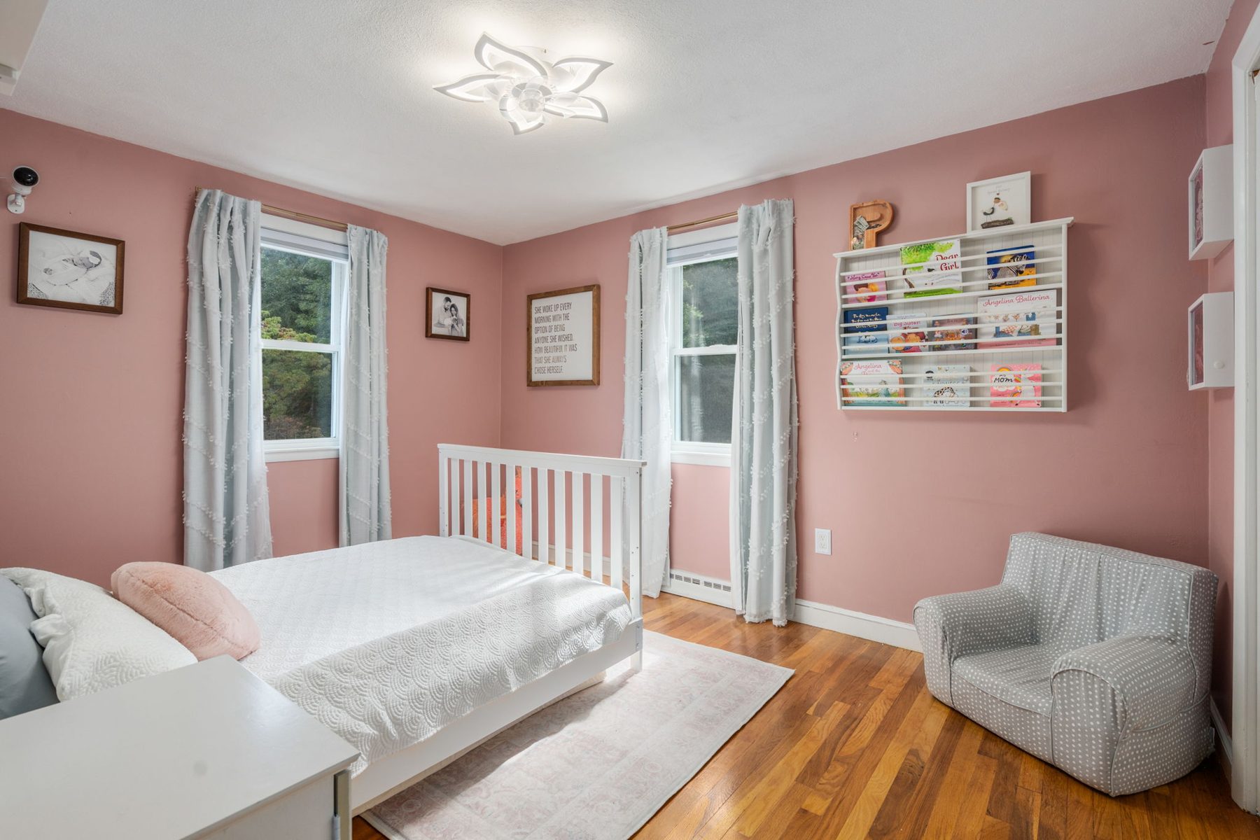 Skelton kids room — the pink stayed; the clutter didn't — after