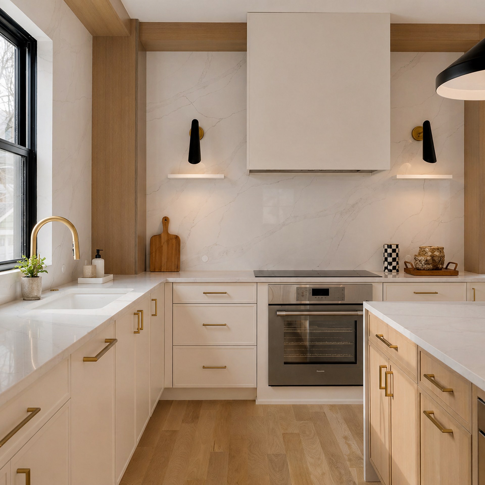 Waverly kitchen range — Thermador, a marble slab backsplash, and styling with restraint — after