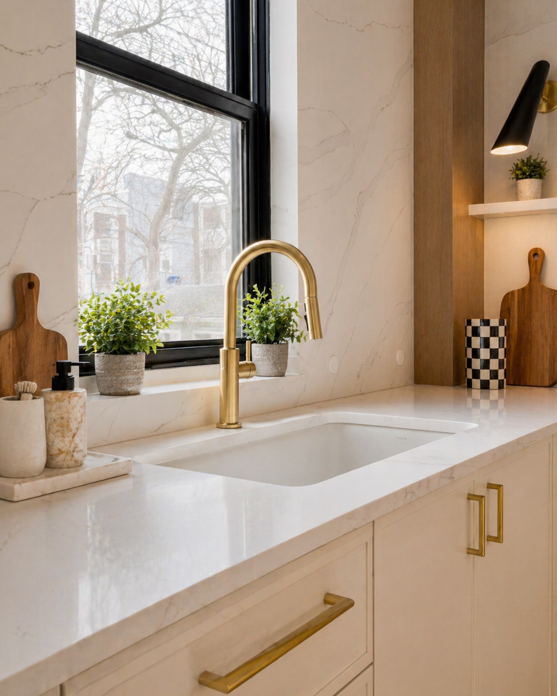 Waverly kitchen sink — brass, herbs, and a window that faces the street — after